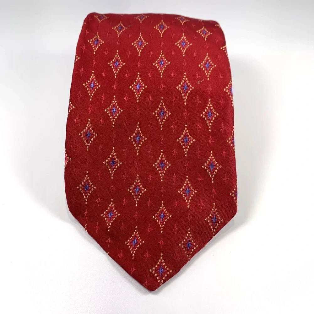 Robert Talbott Best of Class Mens Tie Red‎ w/ Gold-Blue Diamond Design 100% Silk